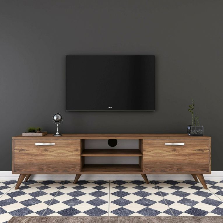 Mobile porta TV Aldh, Supporto per televisione da salotto, Credenza bassa da soggiorno, Base porta TV, 180x35h49 cm, Noce