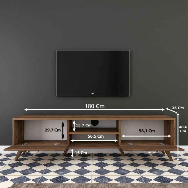 Mobile porta TV Aldh, Supporto per televisione da salotto, Credenza bassa da soggiorno, Base porta TV, 180x35h49 cm, Noce