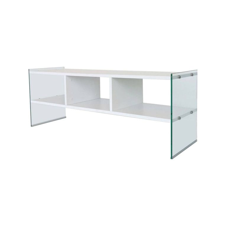 Mobile porta TV Algorab, Supporto per televisione da salotto, Credenza bassa da soggiorno, Base porta TV, 120x35h45 cm, Bianco