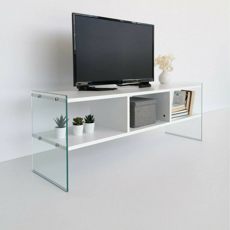 Mobile porta TV Algorab, Supporto per televisione da salotto, Credenza bassa da soggiorno, Base porta TV, 120x35h45 cm, Bianco