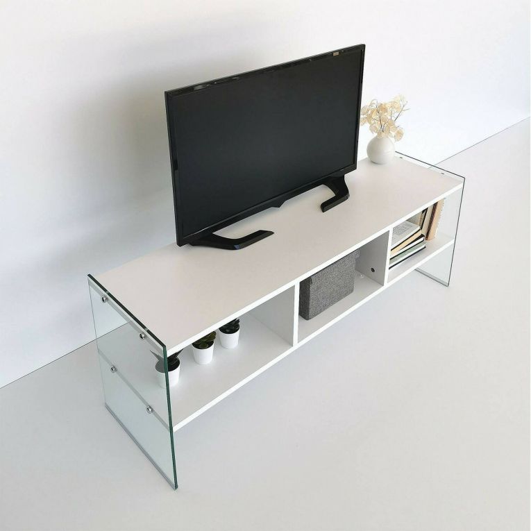 Mobile porta TV Algorab, Supporto per televisione da salotto, Credenza bassa da soggiorno, Base porta TV, 120x35h45 cm, Bianco