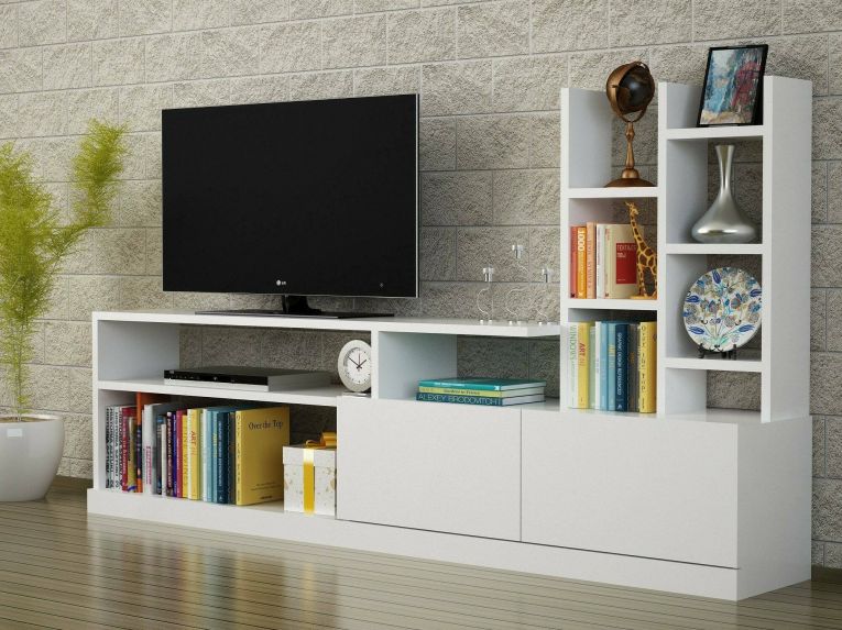 Mobile porta TV Alni, Supporto per televisione da salotto, Credenza bassa da soggiorno, Base porta TV, 164x25h91 cm, Bianco