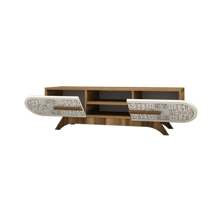 Mobile porta TV Alud, Supporto per televisione da salotto, Credenza bassa da soggiorno, Base porta TV, 145x37h37 cm, Noce e Bianco