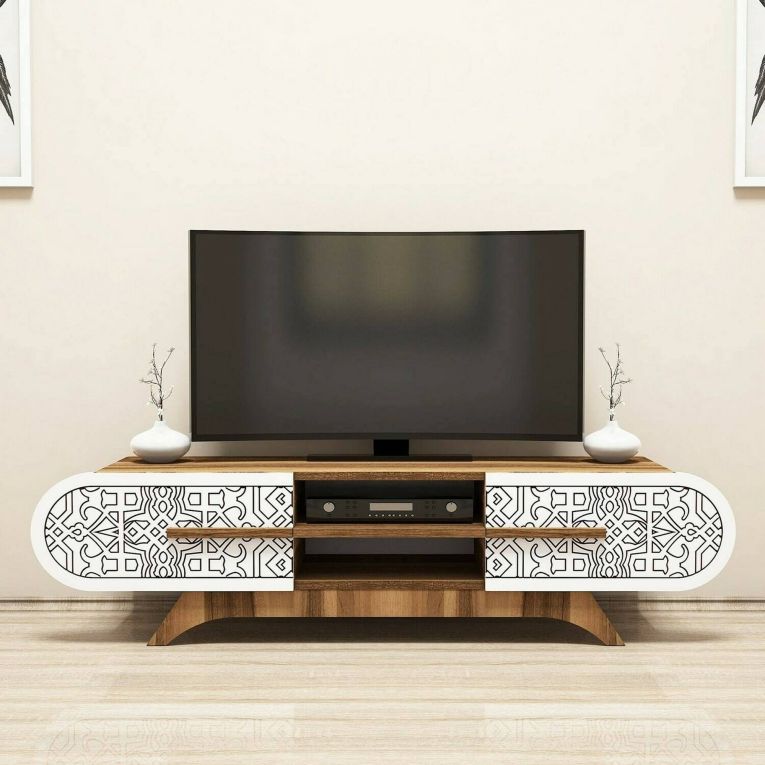 Mobile porta TV Alud, Supporto per televisione da salotto, Credenza bassa da soggiorno, Base porta TV, 145x37h37 cm, Noce e Bianco