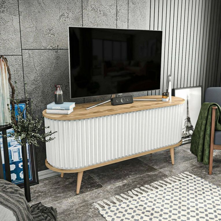 Mobile porta TV Aludra, Supporto per televisione da salotto, Credenza bassa da soggiorno, Base porta TV, 140x43h64 cm, Quercia e Bianco