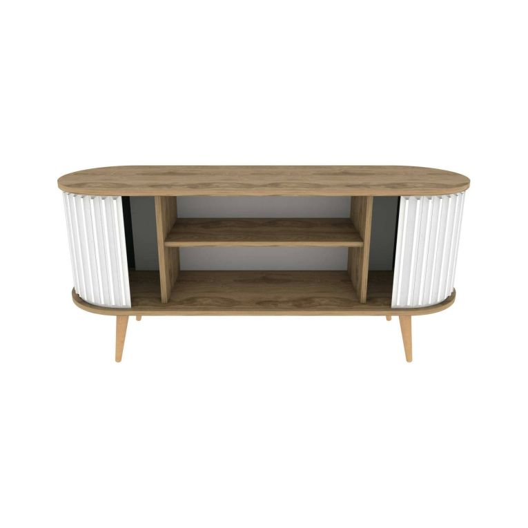 Mobile porta TV Aludra, Supporto per televisione da salotto, Credenza bassa da soggiorno, Base porta TV, 140x43h64 cm, Quercia e Bianco
