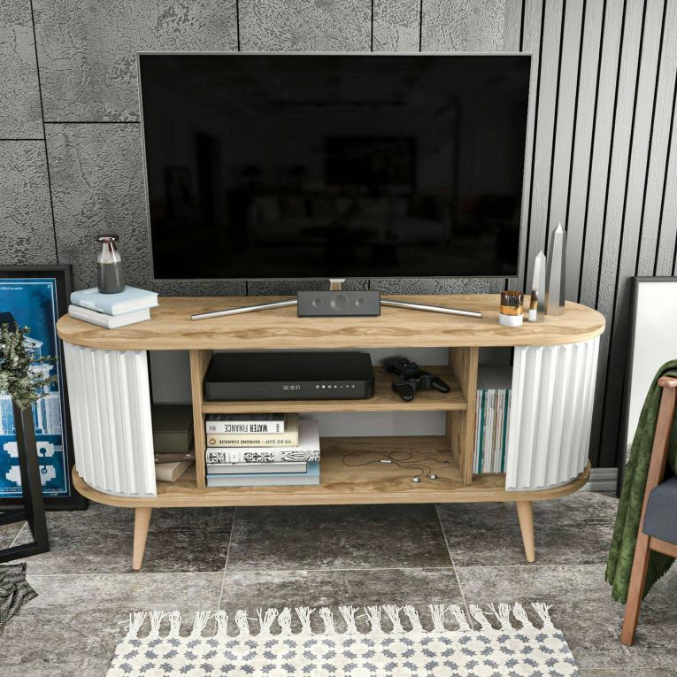 Mobile porta TV Aludra, Supporto per televisione da salotto, Credenza bassa da soggiorno, Base porta TV, 140x43h64 cm, Quercia e Bianco