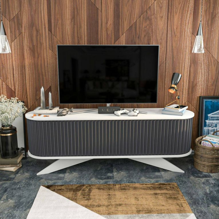 Mobile porta TV Aludra, Supporto per televisione da salotto, Credenza bassa da soggiorno, Base porta TV, 180x43h60 cm, Antracite e Bianco