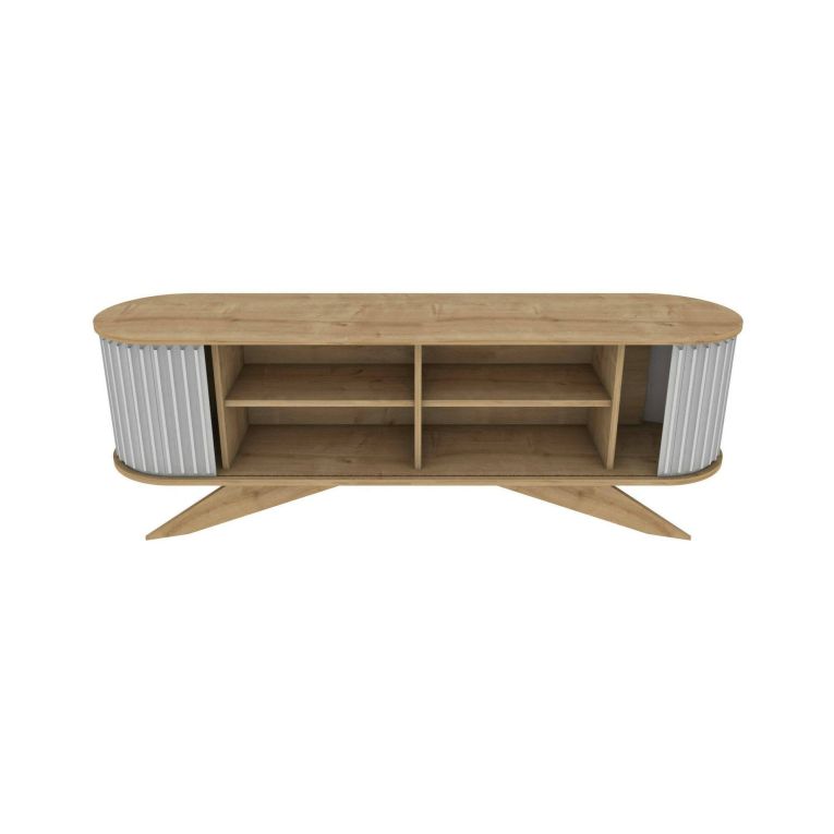 Mobile porta TV Aludra, Supporto per televisione da salotto, Credenza bassa da soggiorno, Base porta TV, 180x43h60 cm, Quercia e Bianco
