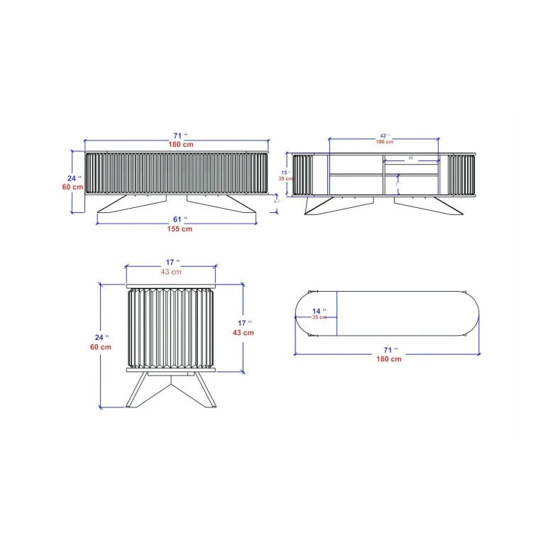 Mobile porta TV Aludra, Supporto per televisione da salotto, Credenza bassa da soggiorno, Base porta TV, 180x43h60 cm, Quercia e Bianco