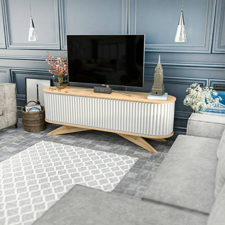 Mobile porta TV Aludra, Supporto per televisione da salotto, Credenza bassa da soggiorno, Base porta TV, 180x43h60 cm, Quercia e Bianco