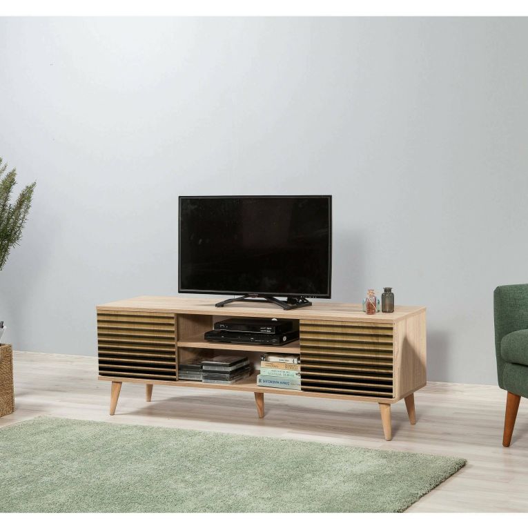 Mobile porta TV Amalthea, Supporto per televisione da salotto, Credenza bassa da soggiorno, Base porta TV, 140x40h50 cm, Quercia