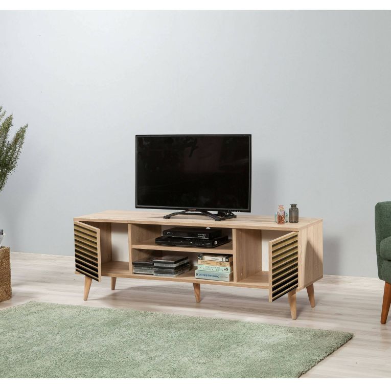 Mobile porta TV Amalthea, Supporto per televisione da salotto, Credenza bassa da soggiorno, Base porta TV, 140x40h50 cm, Quercia