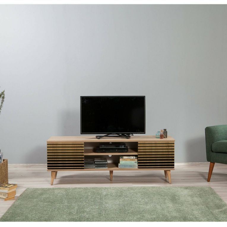 Mobile porta TV Amalthea, Supporto per televisione da salotto, Credenza bassa da soggiorno, Base porta TV, 140x40h50 cm, Quercia