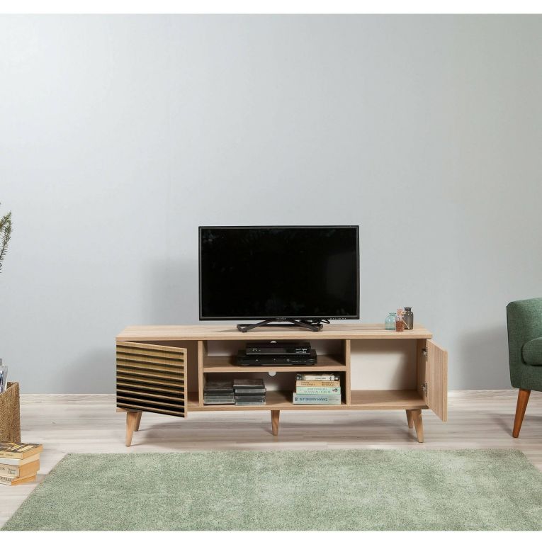Mobile porta TV Amalthea, Supporto per televisione da salotto, Credenza bassa da soggiorno, Base porta TV, 140x40h50 cm, Quercia