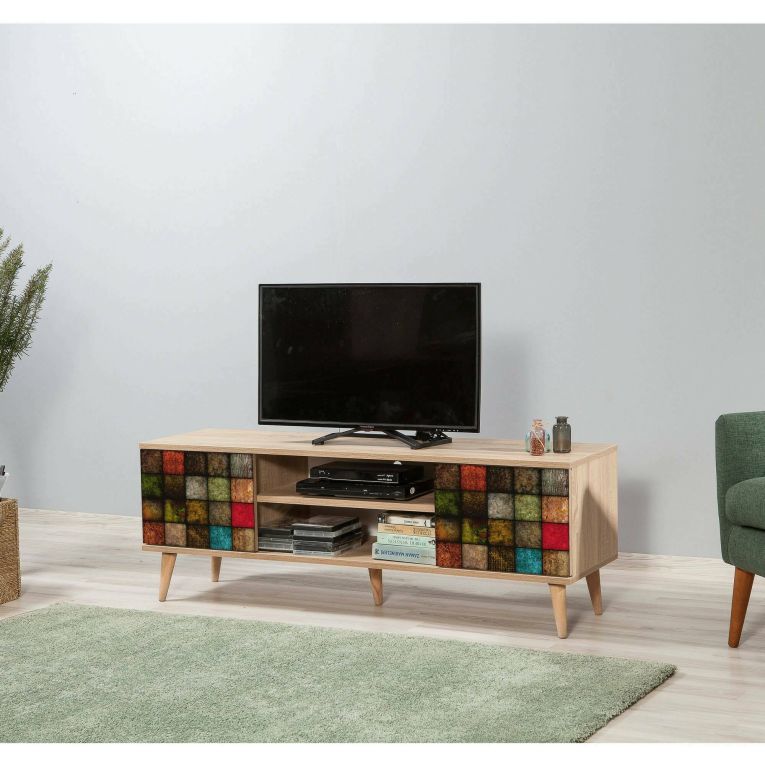 Mobile porta TV Amalthea, Supporto per televisione da salotto, Credenza bassa da soggiorno, Base porta TV, 140x40h50 cm, Quercia e Multicolore