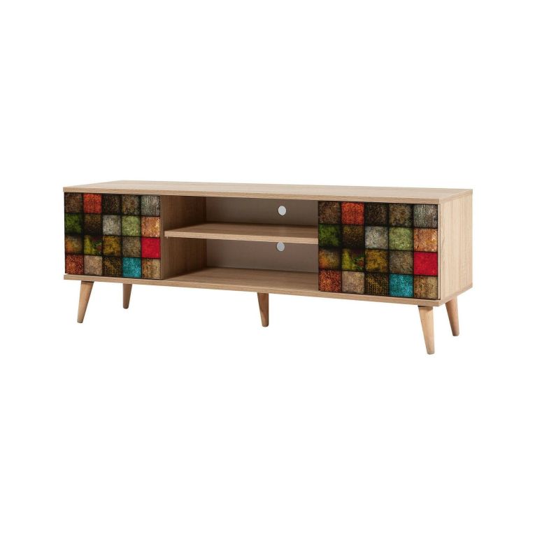 Mobile porta TV Amalthea, Supporto per televisione da salotto, Credenza bassa da soggiorno, Base porta TV, 140x40h50 cm, Quercia e Multicolore