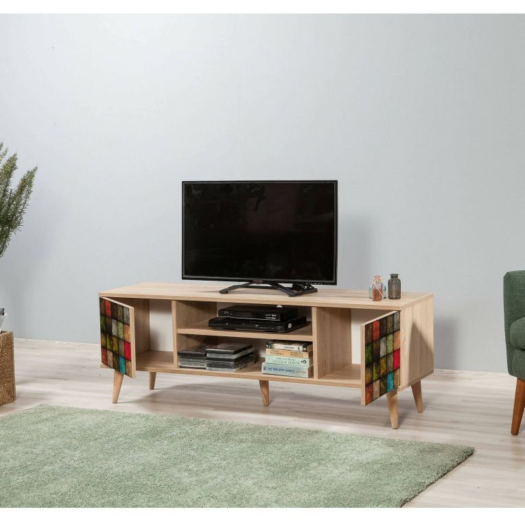 Mobile porta TV Amalthea, Supporto per televisione da salotto, Credenza bassa da soggiorno, Base porta TV, 140x40h50 cm, Quercia e Multicolore