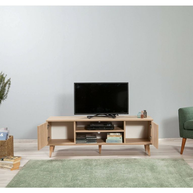 Mobile porta TV Amalthea, Supporto per televisione da salotto, Credenza bassa da soggiorno, Base porta TV, 140x40h50 cm, Quercia e Multicolore
