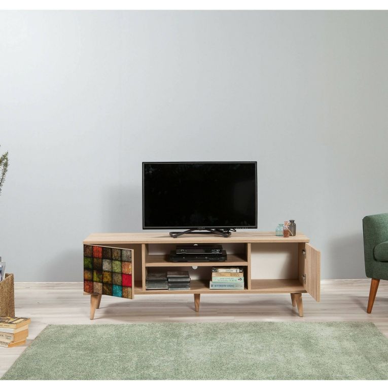 Mobile porta TV Amalthea, Supporto per televisione da salotto, Credenza bassa da soggiorno, Base porta TV, 140x40h50 cm, Quercia e Multicolore