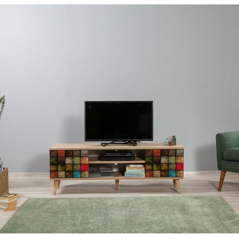 Mobile porta TV Amalthea, Supporto per televisione da salotto, Credenza bassa da soggiorno, Base porta TV, 140x40h50 cm, Quercia e Multicolore