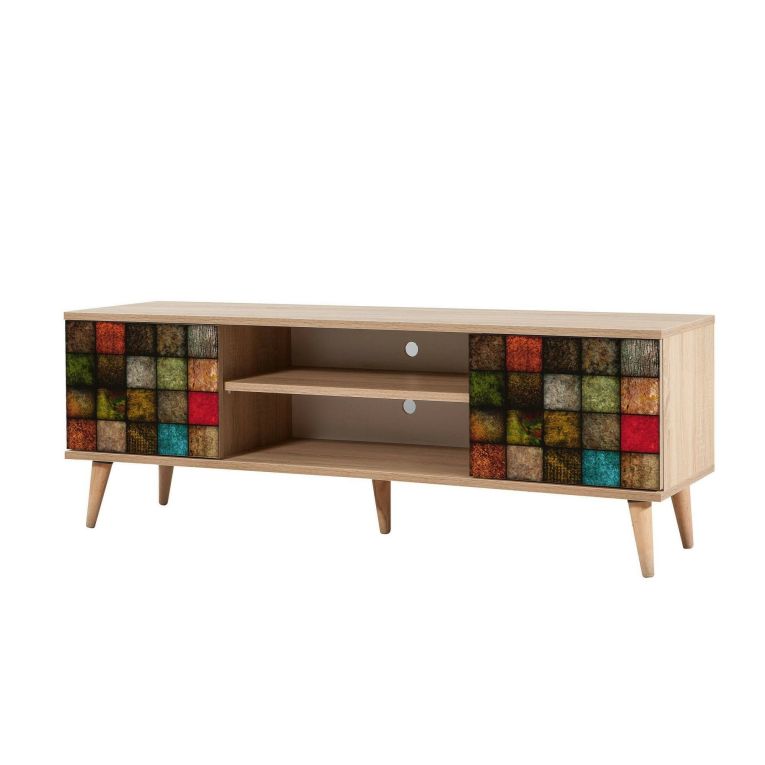 Mobile porta TV Amalthea, Supporto per televisione da salotto, Credenza bassa da soggiorno, Base porta TV, 140x40h50 cm, Quercia e Multicolore