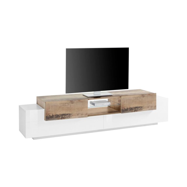 Mobile porta TV Amato, cm 220x45h51, Bianco lucido e Acero