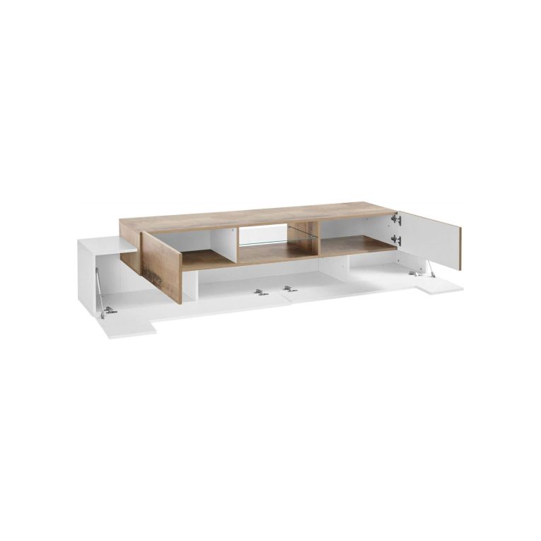 Mobile porta TV Amato, cm 220x45h51, Bianco lucido e Acero