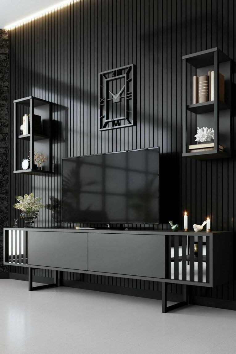 Mobile porta TV Ananke, Supporto per televisione da salotto, Credenza bassa da soggiorno, Base porta TV, 180x30h48 cm, Antracite e Nero