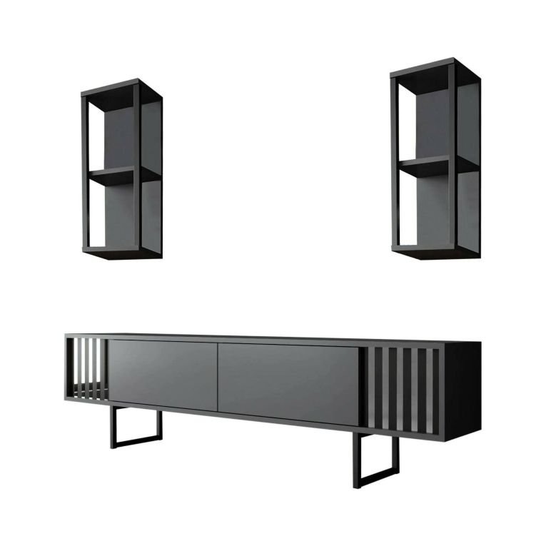 Mobile porta TV Ananke, Supporto per televisione da salotto, Credenza bassa da soggiorno, Base porta TV, 180x30h48 cm, Antracite e Nero
