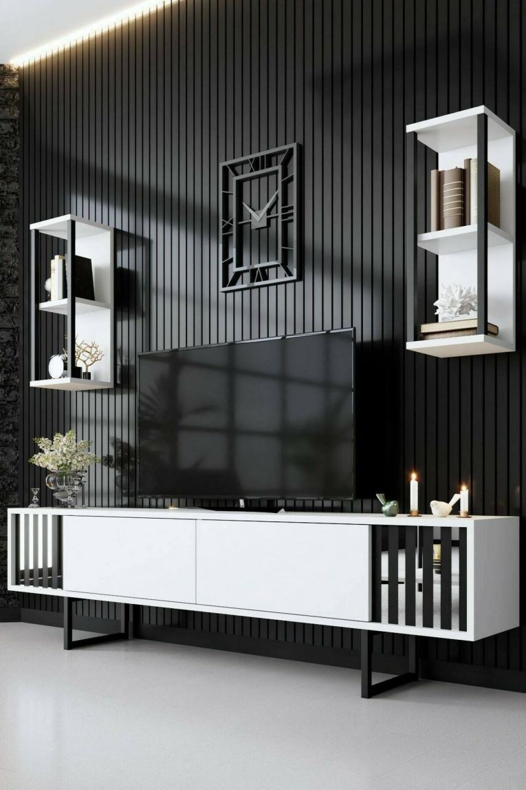 Mobile porta TV Ananke, Supporto per televisione da salotto, Credenza bassa da soggiorno, Base porta TV, 180x30h48 cm, Bianco e Nero