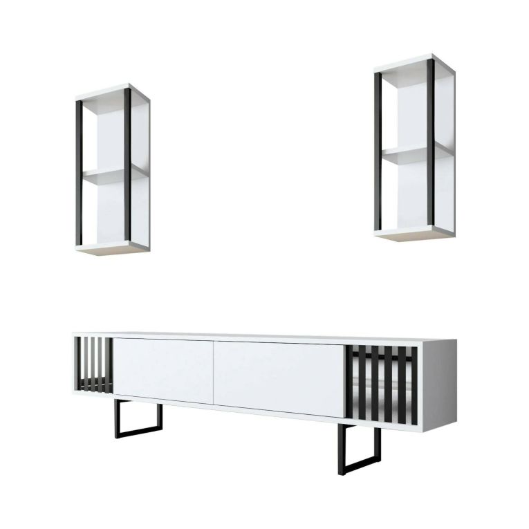 Mobile porta TV Ananke, Supporto per televisione da salotto, Credenza bassa da soggiorno, Base porta TV, 180x30h48 cm, Bianco e Nero