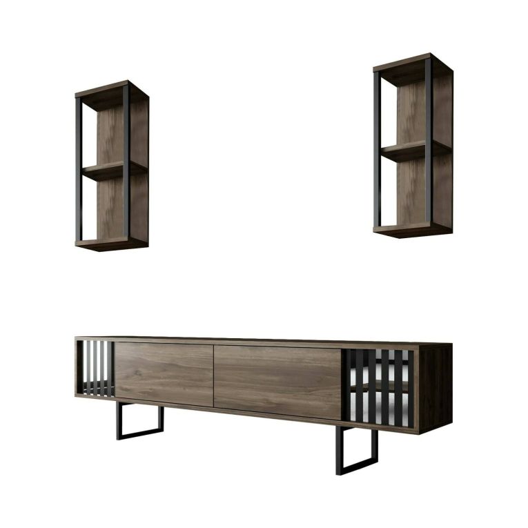 Mobile porta TV Ananke, Supporto per televisione da salotto, Credenza bassa da soggiorno, Base porta TV, 180x30h48 cm, Noce e Nero
