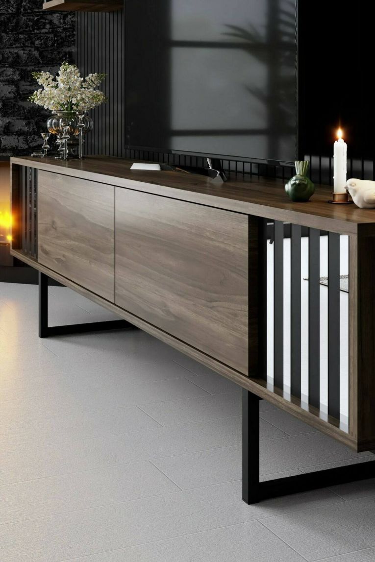 Mobile porta TV Ananke, Supporto per televisione da salotto, Credenza bassa da soggiorno, Base porta TV, 180x30h48 cm, Noce e Nero