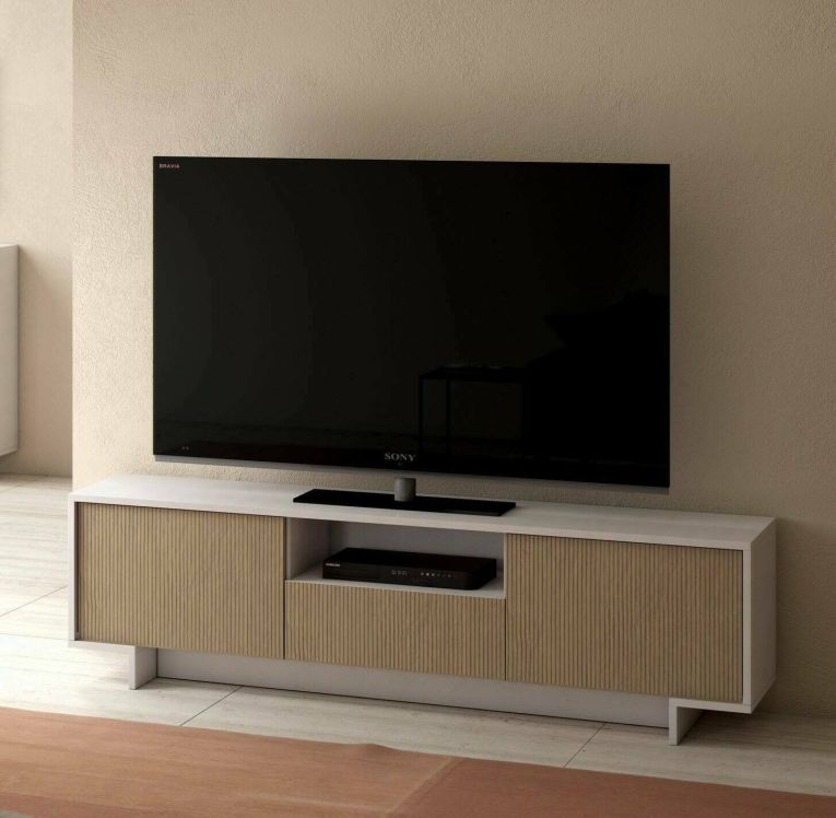 Mobile Porta TV Andromeda, Supporto per TV da salotto, Credenza bassa da soggiorno a 2 ante e 1 cassetto, 100% Made in Italy, 170x42h48 cm, Bianco e Beige