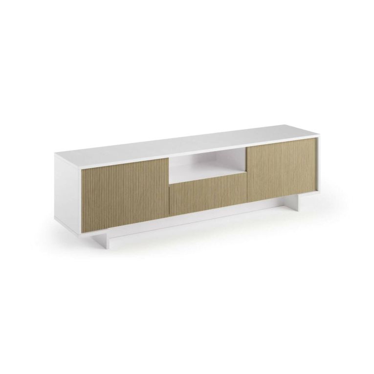 Mobile Porta TV Andromeda, Supporto per TV da salotto, Credenza bassa da soggiorno a 2 ante e 1 cassetto, 100% Made in Italy, 170x42h48 cm, Bianco e Beige