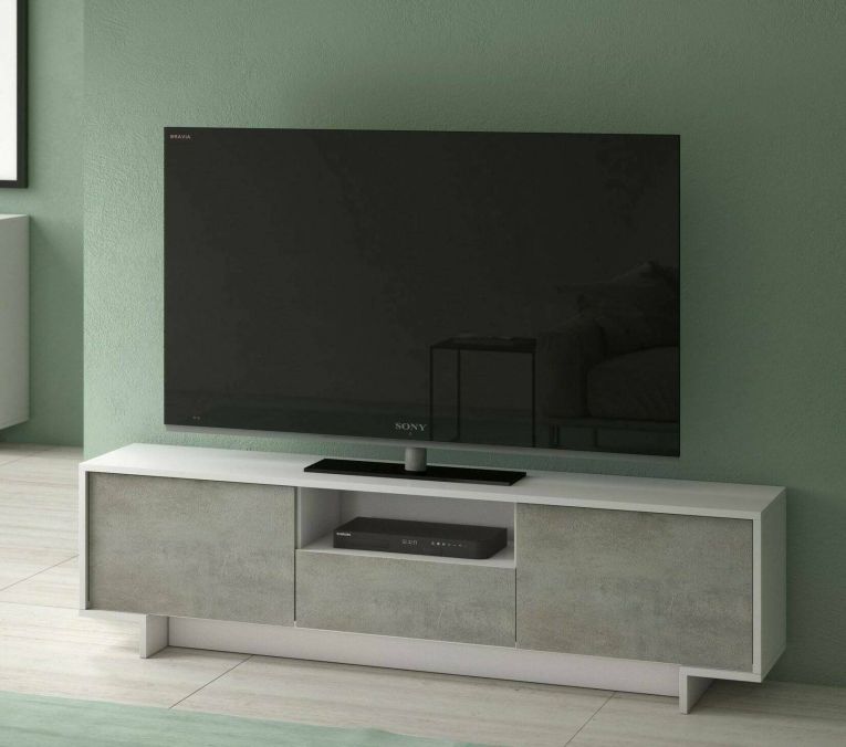 Mobile Porta TV Andromeda, Supporto per TV da salotto, Credenza bassa da soggiorno a 2 ante e 1 cassetto, 100% Made in Italy, 170x42h48 cm, Bianco e Cemento