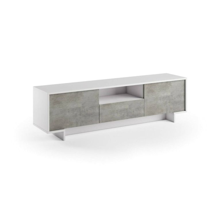 Mobile Porta TV Andromeda, Supporto per TV da salotto, Credenza bassa da soggiorno a 2 ante e 1 cassetto, 100% Made in Italy, 170x42h48 cm, Bianco e Cemento