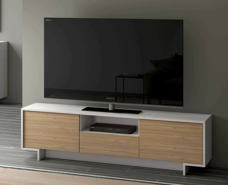 Mobile Porta TV Andromeda, Supporto per TV da salotto, Credenza bassa da soggiorno a 2 ante e 1 cassetto, 100% Made in Italy, 170x42h48 cm, Bianco e Rovere