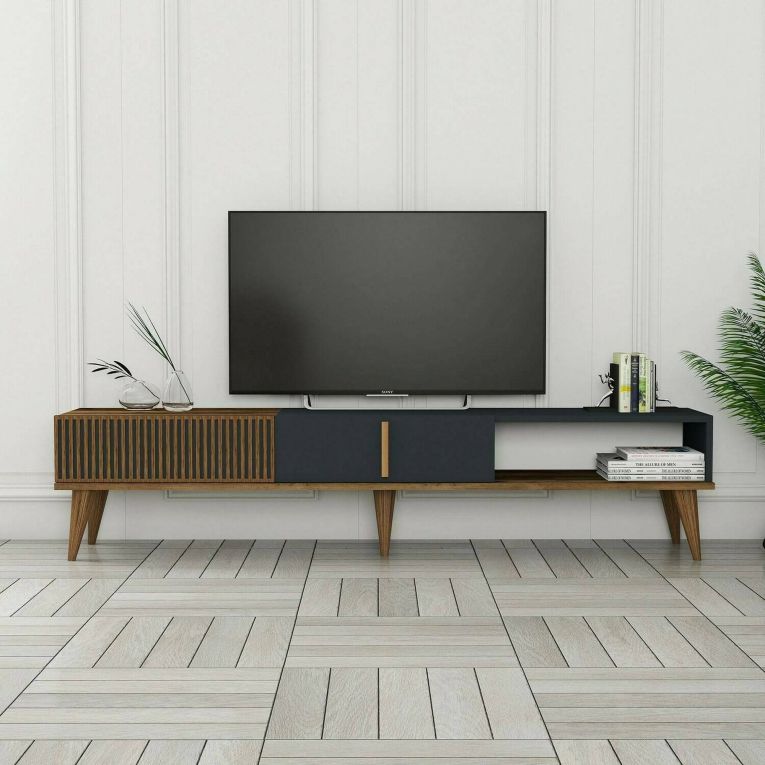 Mobile porta TV Aquila, Supporto per televisione da salotto, Credenza bassa da soggiorno, Base porta TV, 180x35h40 cm, Noce e Antracite