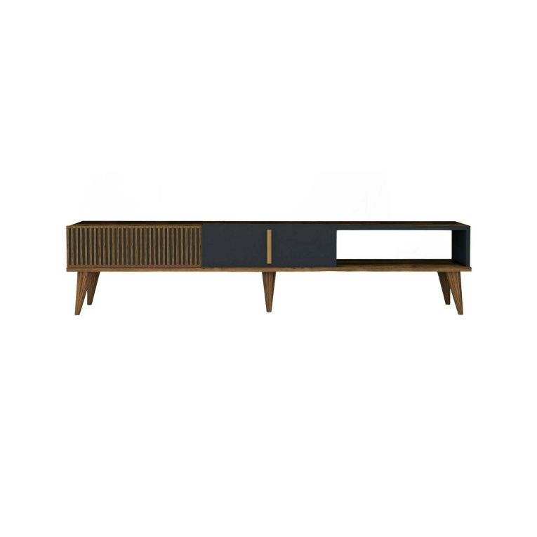 Mobile porta TV Aquila, Supporto per televisione da salotto, Credenza bassa da soggiorno, Base porta TV, 180x35h40 cm, Noce e Antracite