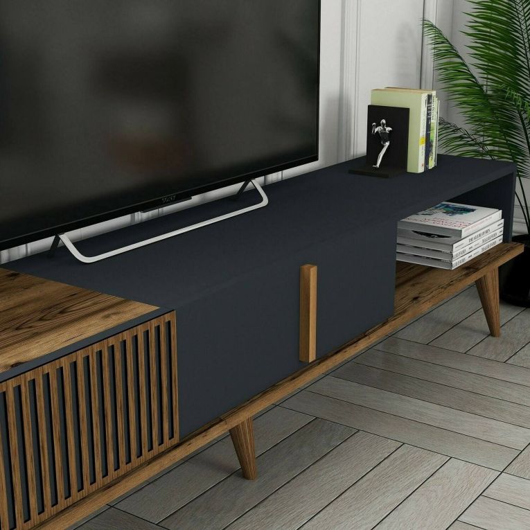 Mobile porta TV Aquila, Supporto per televisione da salotto, Credenza bassa da soggiorno, Base porta TV, 180x35h40 cm, Noce e Antracite
