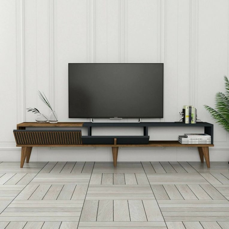 Mobile porta TV Aquila, Supporto per televisione da salotto, Credenza bassa da soggiorno, Base porta TV, 180x35h40 cm, Noce e Antracite