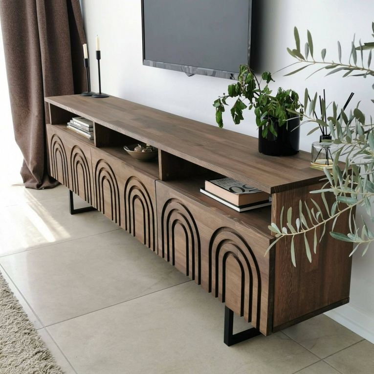 Mobile porta TV Arctura, Supporto per televisione da salotto, Credenza bassa da soggiorno, Base porta TV, 170x30h40 cm, Noce
