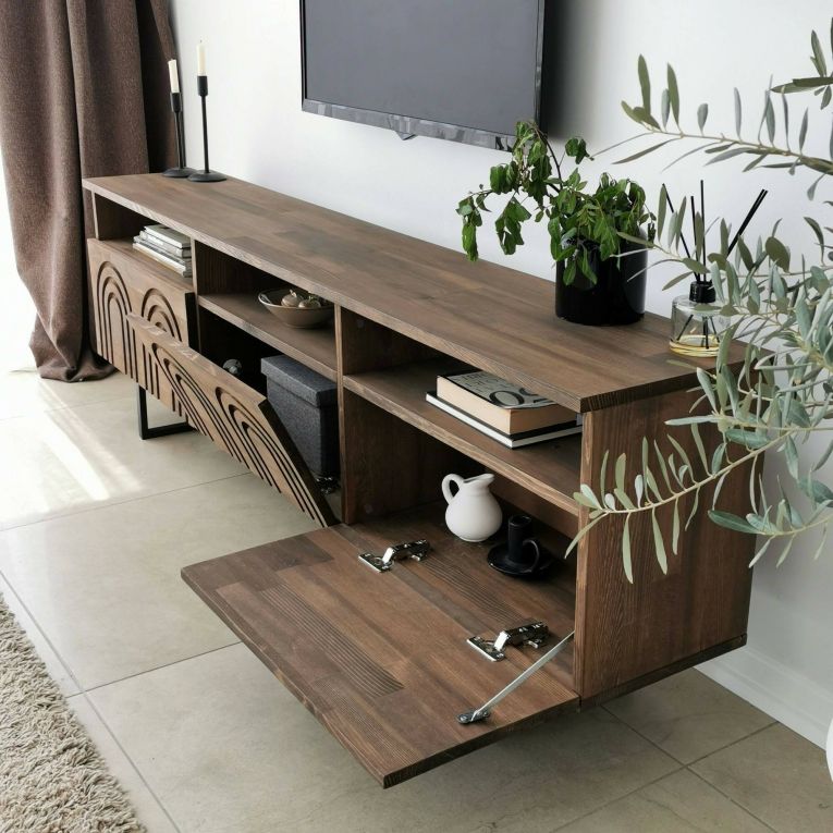 Mobile porta TV Arctura, Supporto per televisione da salotto, Credenza bassa da soggiorno, Base porta TV, 170x30h40 cm, Noce