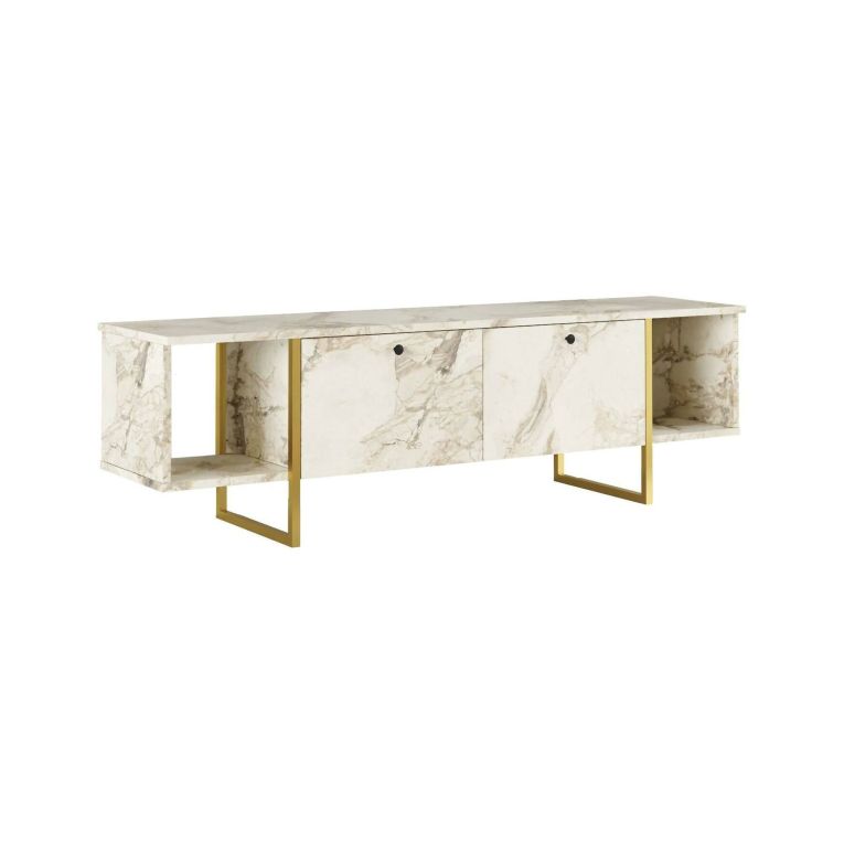 Mobile porta TV Arneb, Supporto per televisione da salotto, Credenza bassa da soggiorno, Base porta TV, 160x40h48 cm, Bianco e Oro