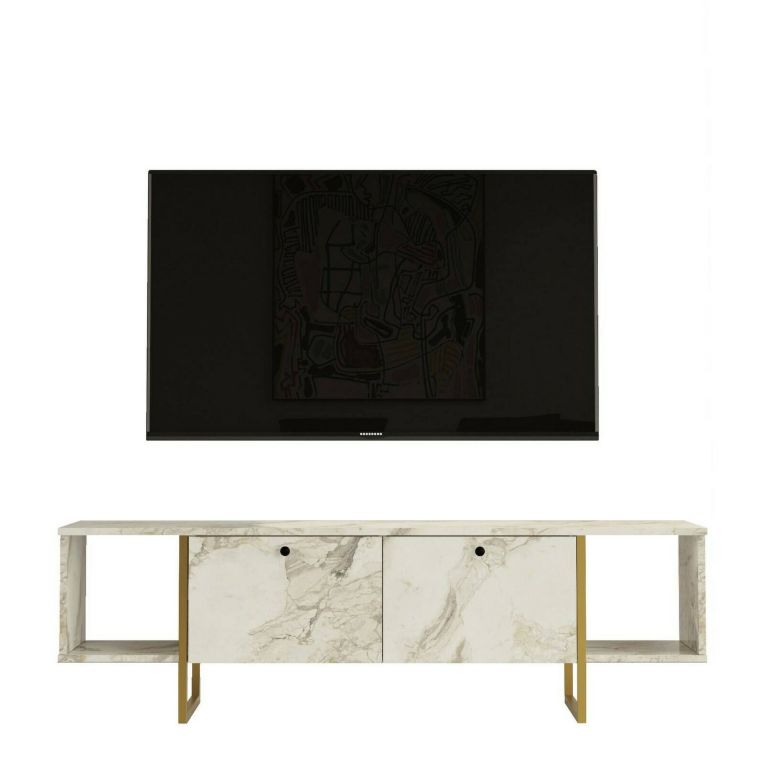 Mobile porta TV Arneb, Supporto per televisione da salotto, Credenza bassa da soggiorno, Base porta TV, 160x40h48 cm, Bianco e Oro