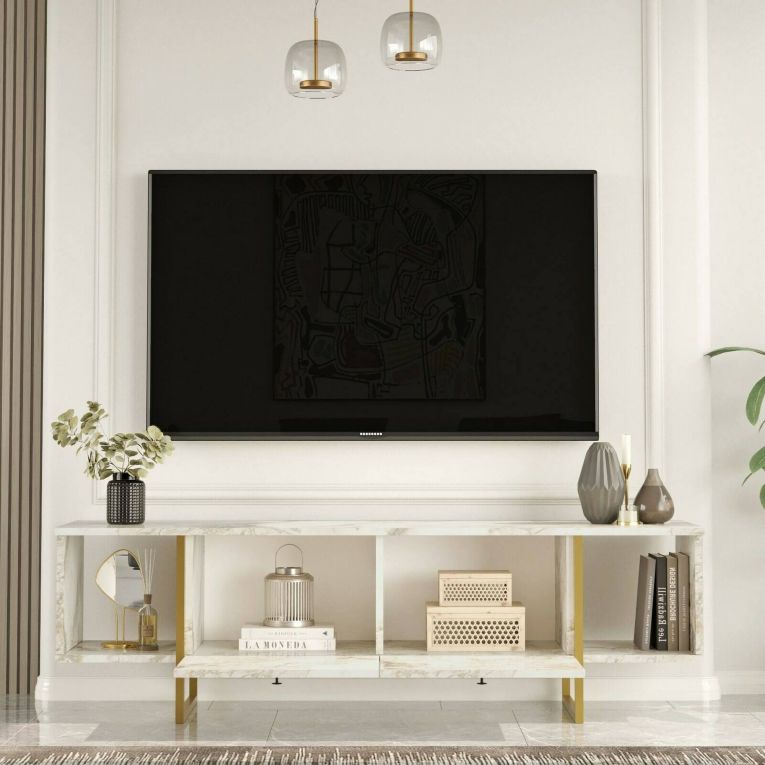 Mobile porta TV Arneb, Supporto per televisione da salotto, Credenza bassa da soggiorno, Base porta TV, 160x40h48 cm, Bianco e Oro