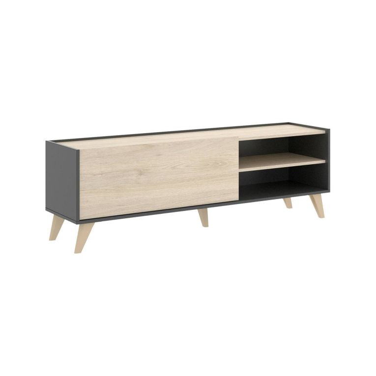 Mobile porta TV Asinara, Credenza bassa da soggiorno, Madia da salotto per televisione, 155x43h47 cm, Rovere e Antracite