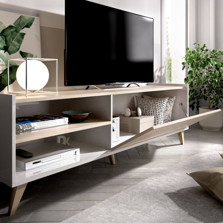 Mobile porta TV Asinara, Credenza bassa da soggiorno, Madia da salotto per televisione, 155x43h47 cm, Rovere e Bianco